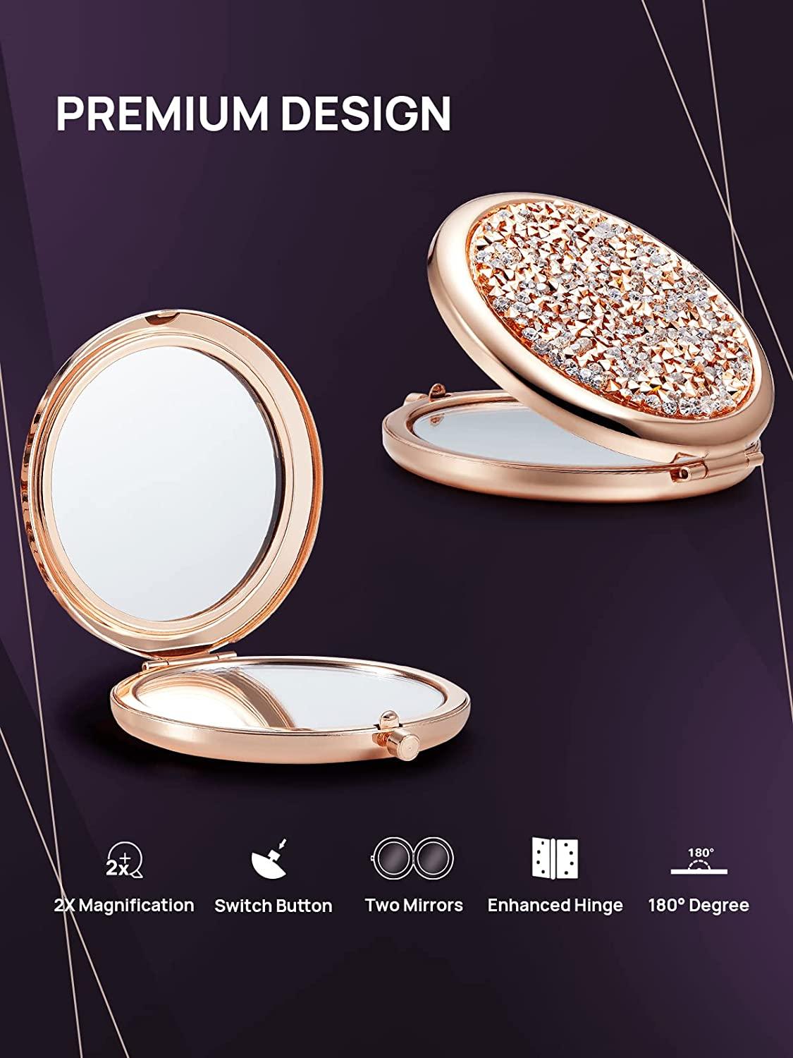 Mini Mix Diamond 1X/2X Magnifying Round Metal Pocket Makeup Mirror (Gose Gold)