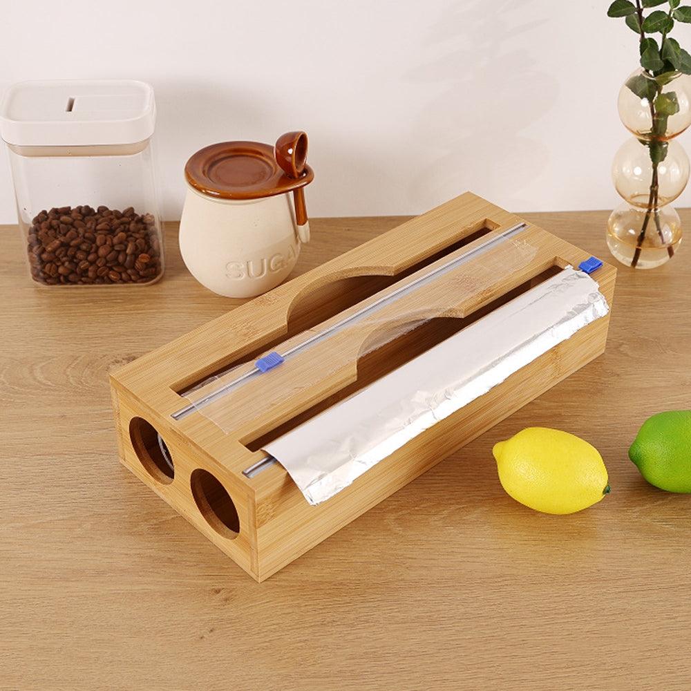 2 Grids Bamboo Food Wrap Dispenser Cutter Foil Cling Film Storage Holder Box Kitchen