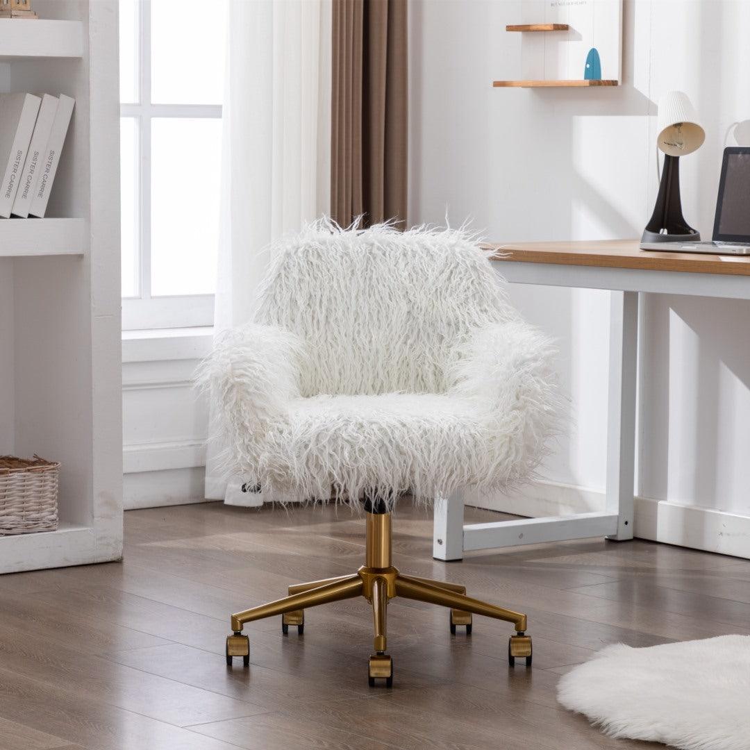 Fluffy Office Chair Faux Fur Modern Swivel Desk Chair for Women And Girls-White