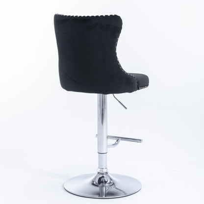 4x Height Adjustable Swivel Bar Stool Velvet Studs Barstool with Footrest and Chromed Base- Black