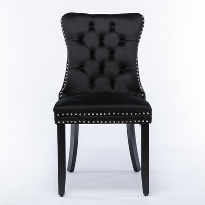8x Velvet Dining Chairs Upholstered Tufted Kithcen Chair with Solid Wood Legs Stud Trim and Ring-Black
