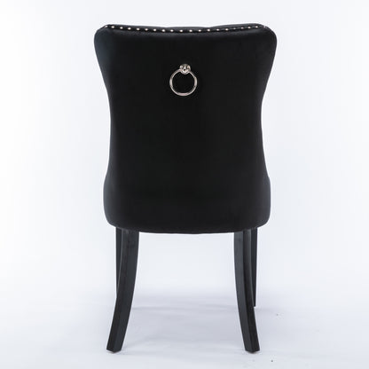 8x Velvet Dining Chairs Upholstered Tufted Kithcen Chair with Solid Wood Legs Stud Trim and Ring-Black