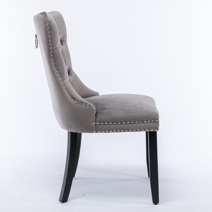 6x Velvet Dining Chairs Upholstered Tufted Kithcen Chair with Solid Wood Legs Stud Trim and Ring-Gray