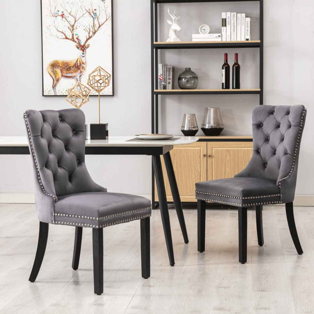 6x Velvet Dining Chairs Upholstered Tufted Kithcen Chair with Solid Wood Legs Stud Trim and Ring-Gray