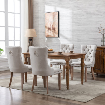 4x AADEN Modern Elegant Button-Tufted Upholstered Linen Fabric with Studs Trim and Wooden legs Dining Side Chair-Beige