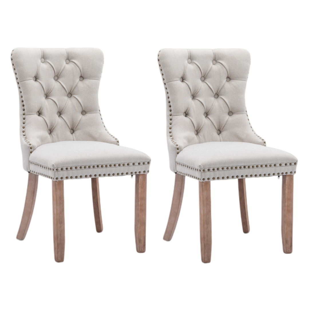 8x AADEN Modern Elegant Button-Tufted Upholstered Linen Fabric with Studs Trim and Wooden legs Dining Side Chair-Beige