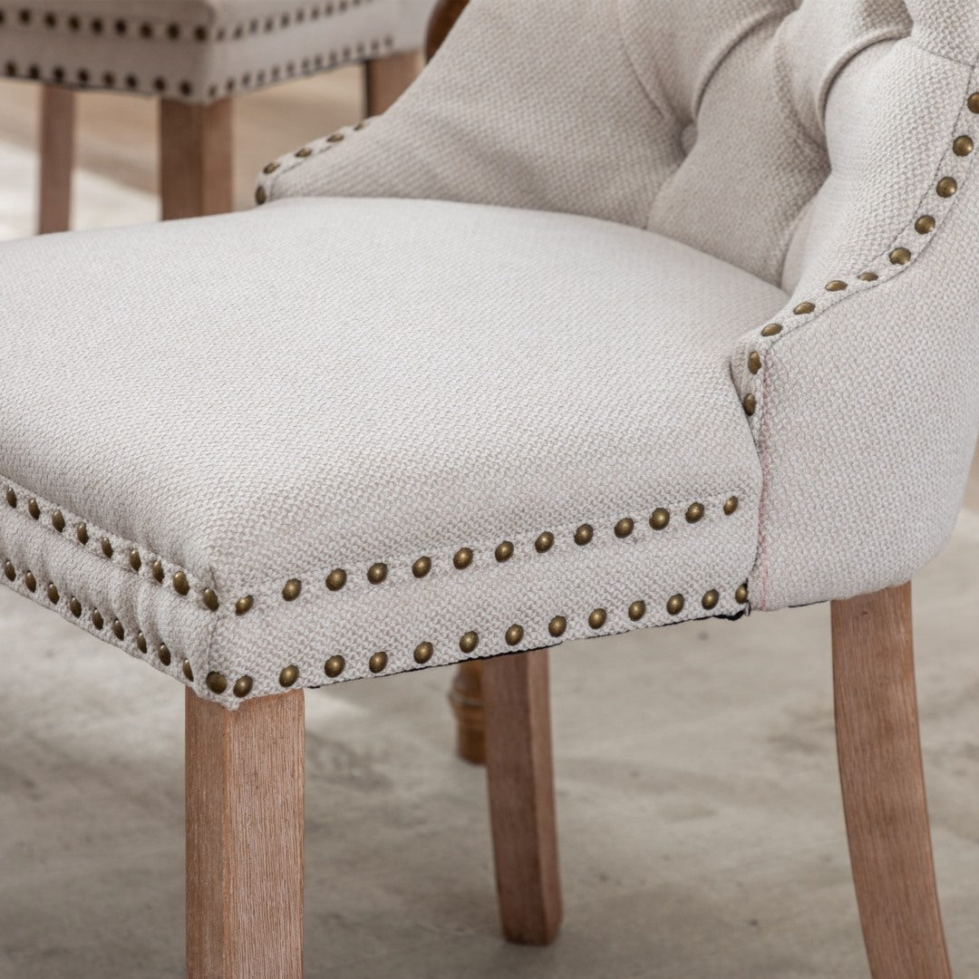 8x AADEN Modern Elegant Button-Tufted Upholstered Linen Fabric with Studs Trim and Wooden legs Dining Side Chair-Beige