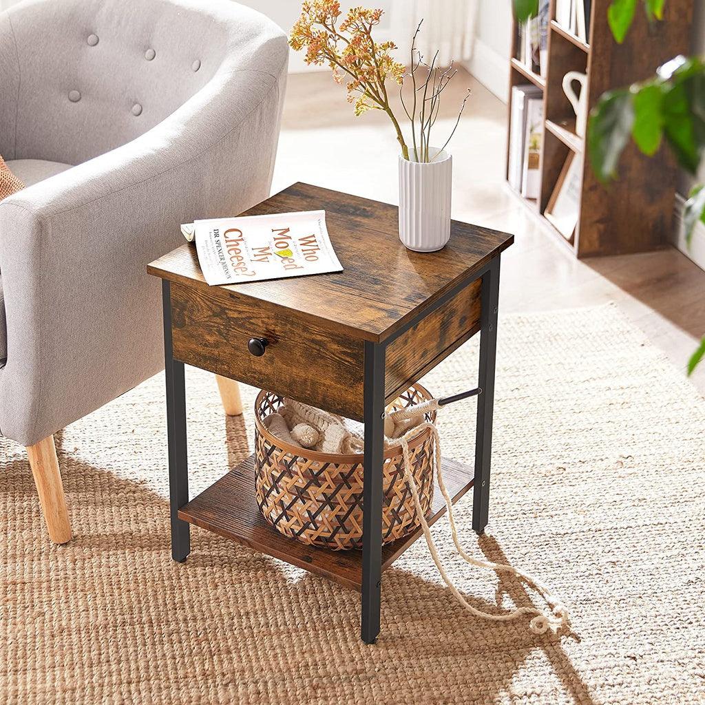 VASAGLE End Table with Drawer and Shelf Rustic Brown and Black LET55BXV1