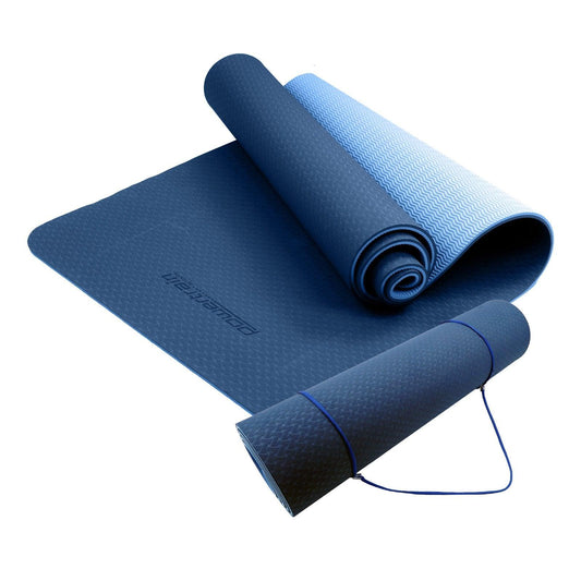 Powertrain Eco-friendly Dual Layer 8mm Yoga Mat | Dark Blue | Non-slip Surface And Carry Strap For Ultimate Comfort And Portability