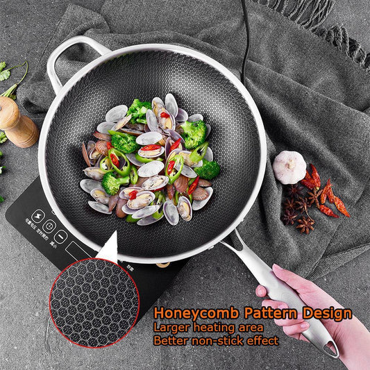 304 Stainless Steel 34cm Non-Stick Stir Fry Cooking Kitchen Wok Pan with Lid Honeycomb Double Sided