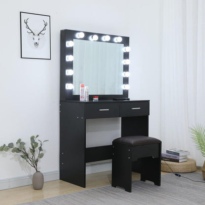 Fidel Vanity Set with Cushioned Stool and Lighted Mirror- Black
