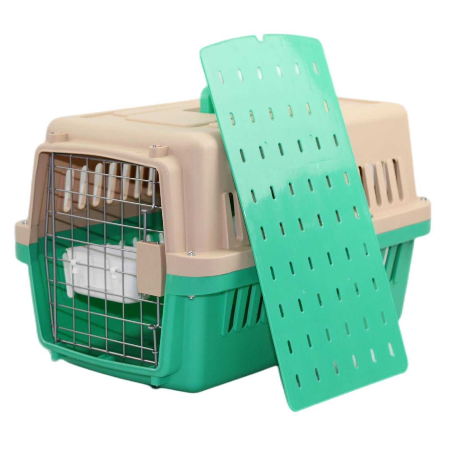 Small Dog Cat Crate Pet Airline Carrier Cage With Bowl and Tray-Green