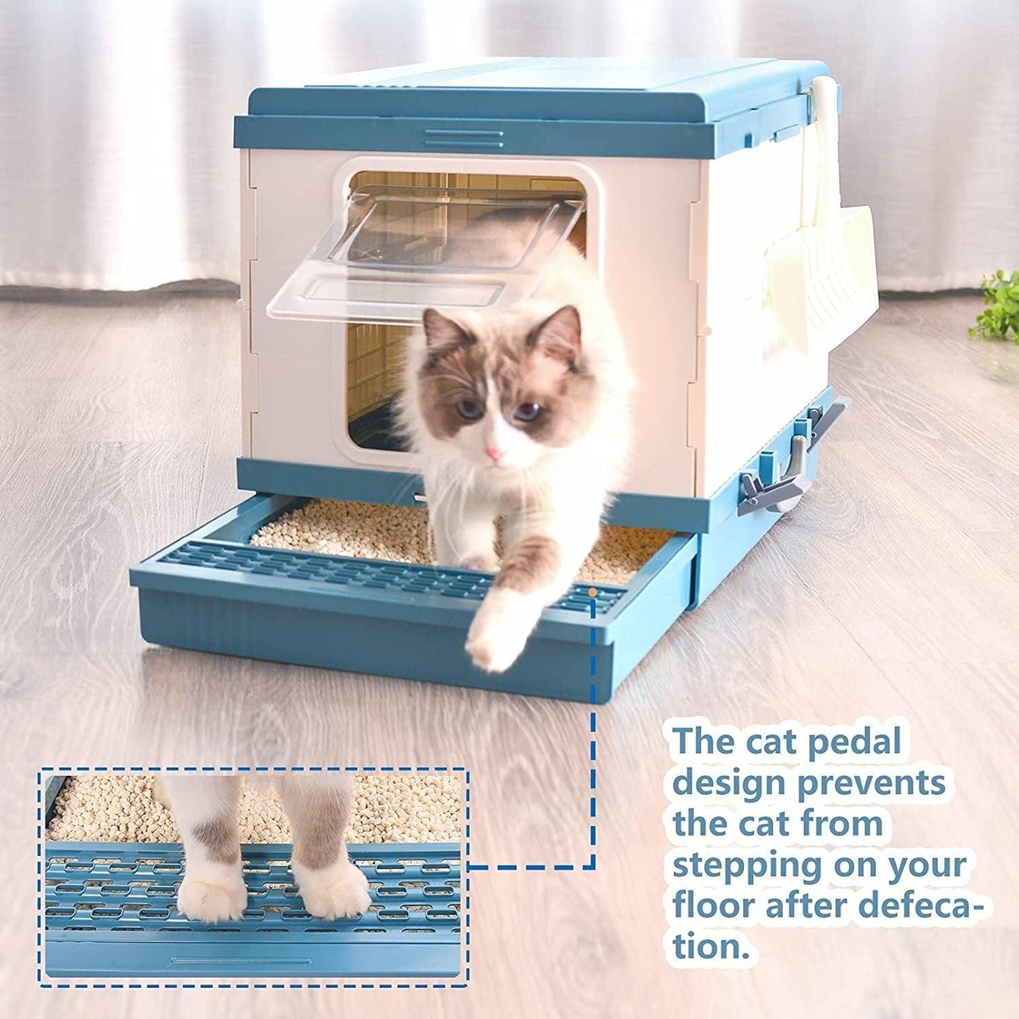 XL Portable Cat Toilet Litter Box Tray Foldable House with Handle and Scoop Blue
