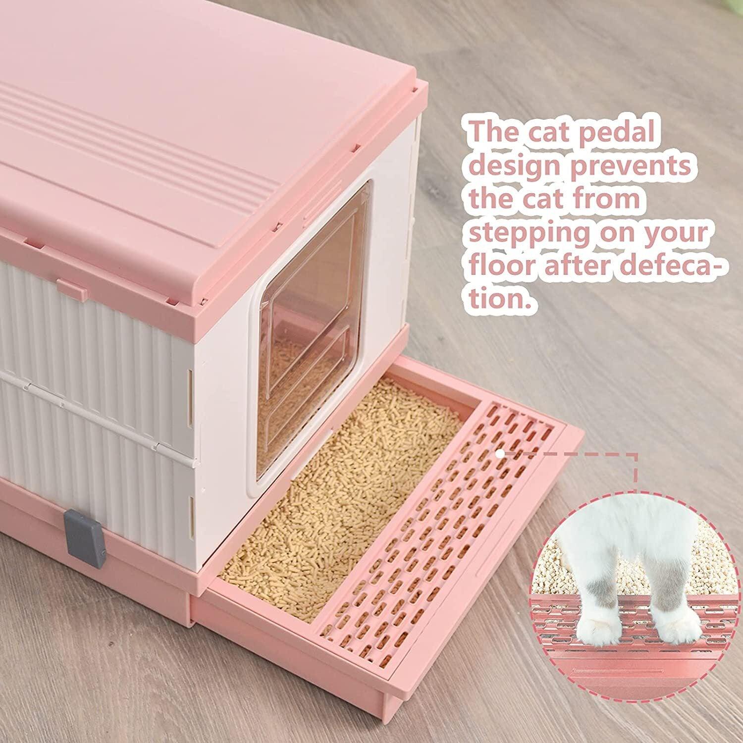 XL Portable Cat Toilet Litter Box Tray Foldable House with Handle and Scoop Pink