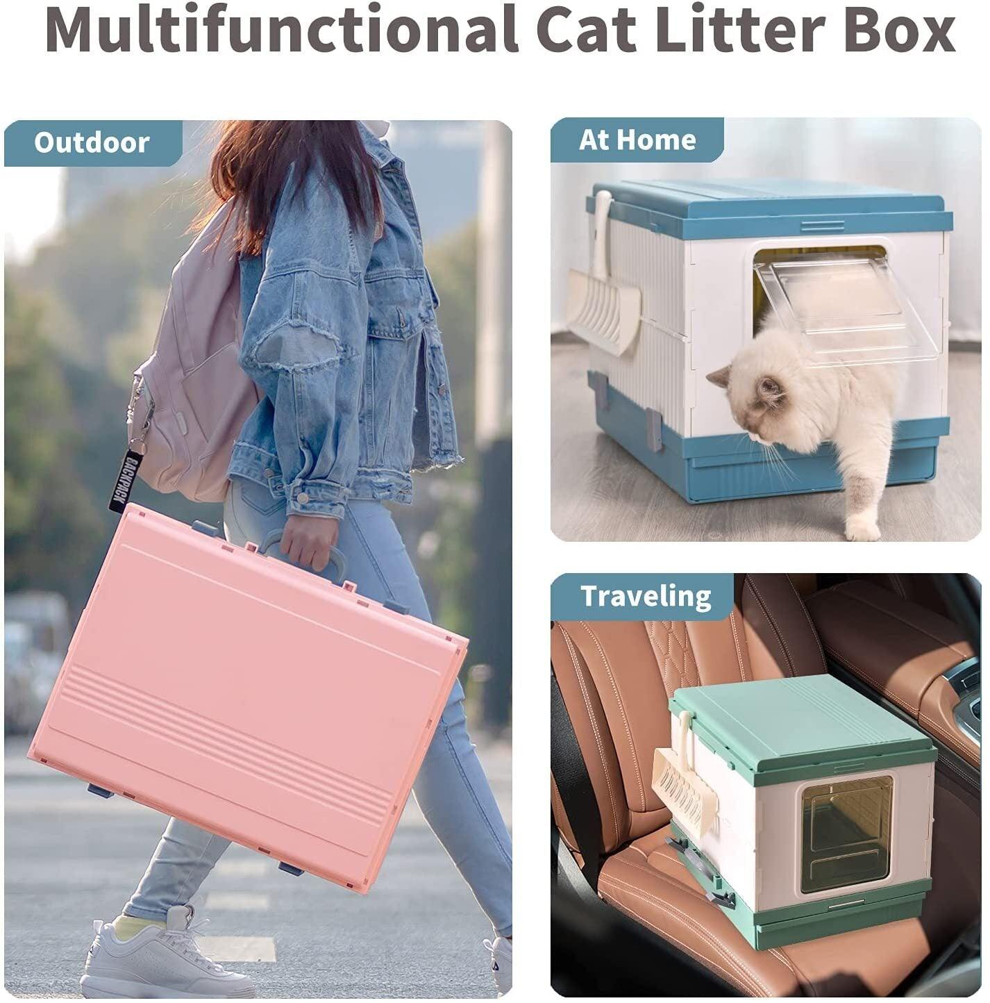 XL Portable Cat Toilet Litter Box Tray Foldable House with Handle and Scoop Pink