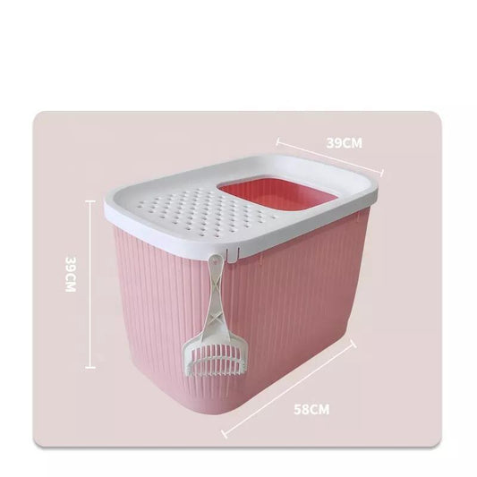 XXL Top Entry Cat Litter Box No Mess Large Enclosed Covered Kitty Tray Pink