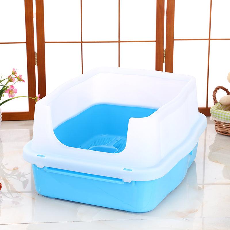 Large Deep Cat Kitty Litter Tray High Wall Pet Toilet Tray With Scoop Blue