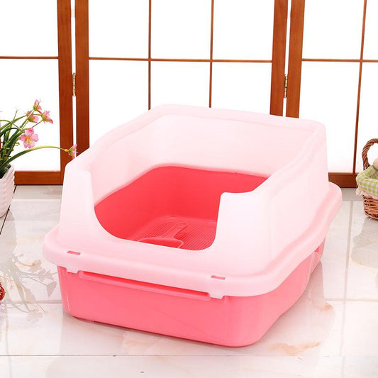 Large Deep Cat Kitty Litter Tray High Wall Pet Toilet Tray With Scoop Pink