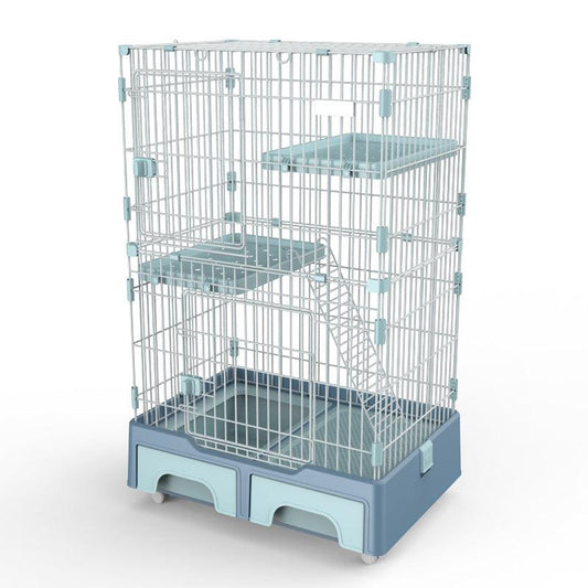 134 cm Blue Pet 3 Level Cat Cage House With Litter Tray And Storage Box