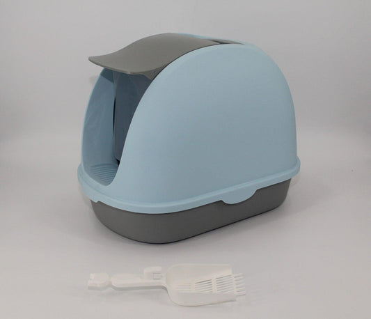 Portable Hooded Cat Toilet Litter Box Tray House with Handle and Scoop Blue