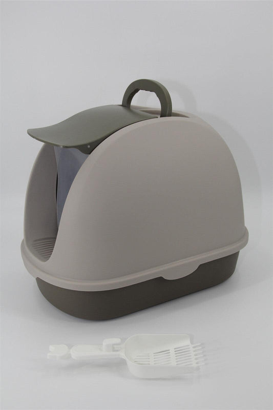 Cat Toilet Litter Box Portable Hooded Tray House with Scoop and Handle Brown