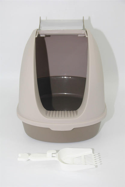 Cat Toilet Litter Box Portable Hooded Tray House with Scoop and Handle Brown