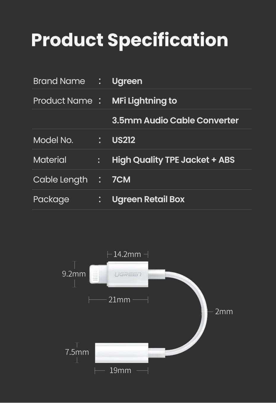 UGREEN 30759 iPhone 8-pin to 3.5mm Headphone Adapter