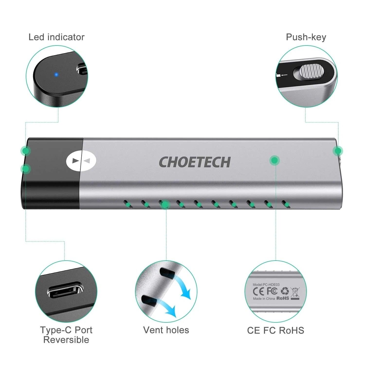 CHOETECH PC-HDE03 NVMe PCIe M.2 SSD To USB 3.1 Type C Gen 2 Adapter And Enclosure