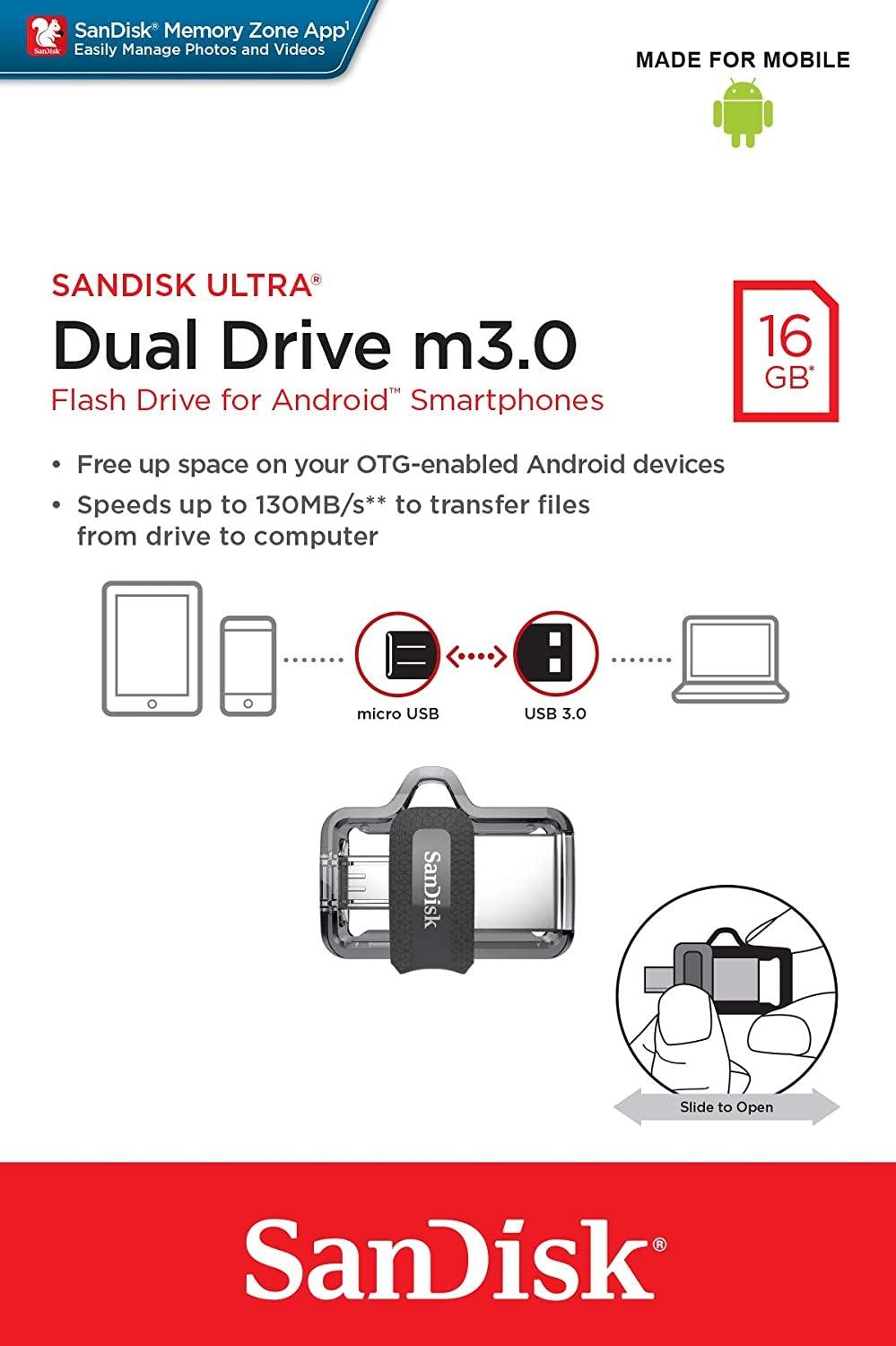 SANDISK OTG ULTRA DUAL USB DRIVE 3.0 FOR ANDRIOD PHONES 16GB 130MB/s SDDD3-016G