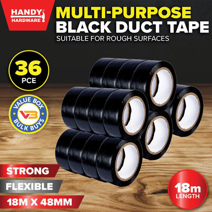 Handy Hardware 36PCE Heavy Duty Duct Tape Black Flexible Multipurpose 18m