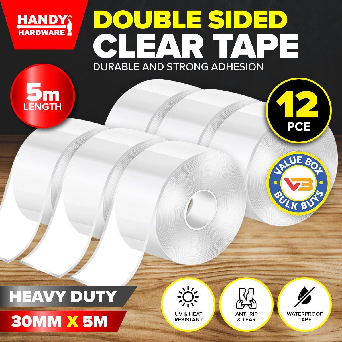 Handy Hardware 12PCE Double Sided Clear Tape Water Heat & Tear Resistant 5m