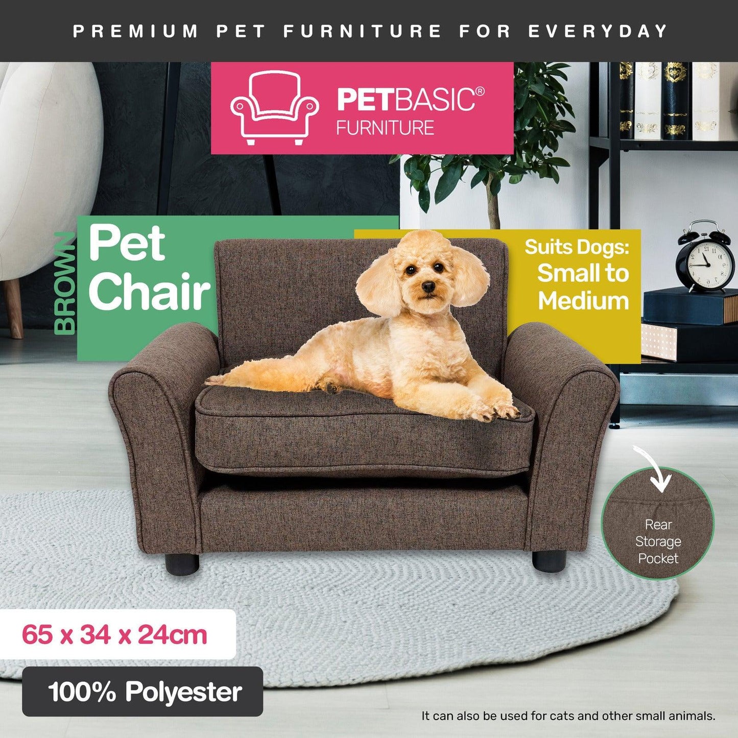 Pet Basic Pet Chair Bed Stylish Luxurious Sturdy Washable Fabric Brown 65cm