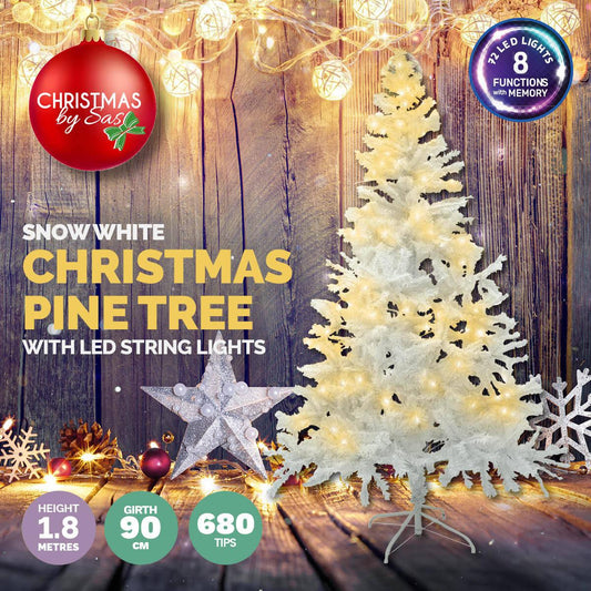 Christmas By Sas 1.8m x 90cm White Pine Tree 72 Warm White LED String Lights