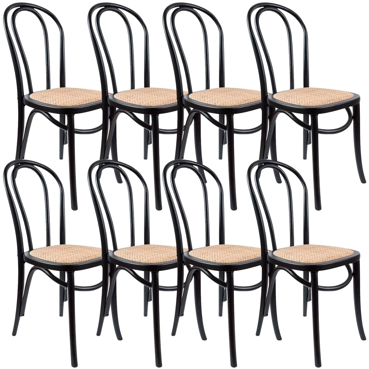 Azalea Arched Back Dining Chair 8 Set Solid Elm Timber Wood Rattan Seat - Black