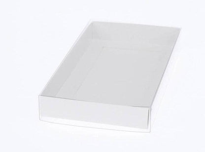 10 Pack of White Card Square Box - Clear Slide On Lid - 20 x 20 x 8cm - Large Beauty Product Gift Giving Hamper Tray Merch Fashion Cake Sweets Xmas
