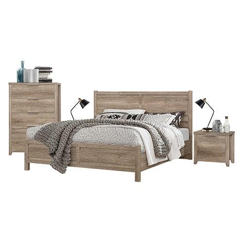 Alice 5 Pieces Bedroom Suite Natural Wood Like MDF Structure Queen Size Oak Colour Bed, Bedside Table, Tallboy & Dresser