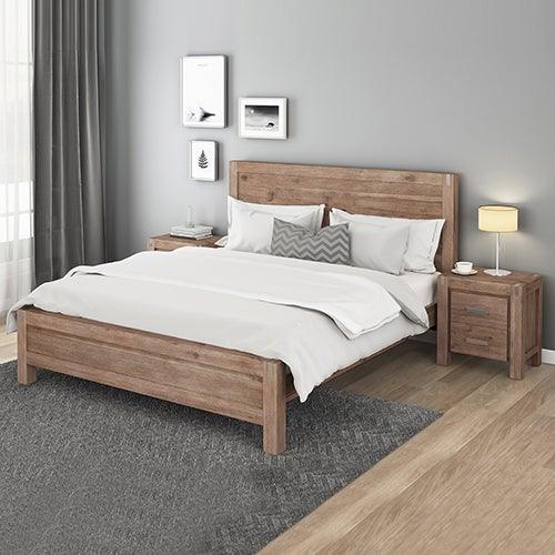 3 Pieces Bedroom Suite in Solid Wood Veneered Acacia Construction Timber Slat King Size Oak Colour Bed, Bedside Table