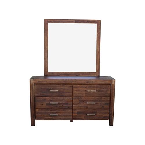 5 Pieces Bedroom Suite in Solid Wood Veneered Acacia Construction Timber Slat Double Size Chocolate Colour Bed, Bedside Table, Tallboy & Dresser