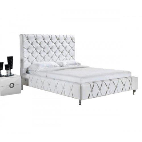 Queen Size Bed Frame in White Faux Leather Crystal Tufted High Bedhead Bentwood Slat