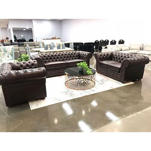 3+2+1 Seater Genuine Leather Upholstery Deep Quilting Pocket Spring Button Studding Sofa Lounge Set for Living Room Couch In Brown Colour