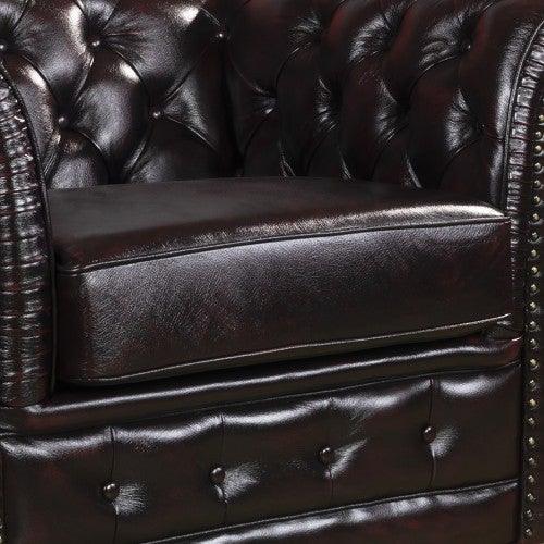 1 Seater Genuine Leather Upholstery Deep Quilting Pocket Spring Button Studding Sofa Lounge Set for Living Room Couch In Burgandy Colour