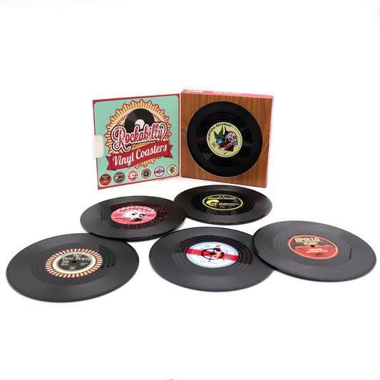 6x Creative Vinyl Record Cup Coasters w Holder Glass Drink Tableware Home Décor, Rockabilly