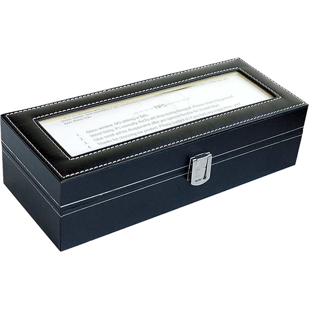 6 Slot Mens Watch Display Case Box Black PU Leather