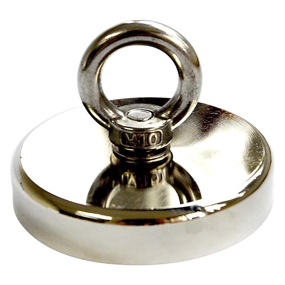 Round Neodymium Fishing Magnet with Countersunk Hole and Eyebolt, 500 LBS pull