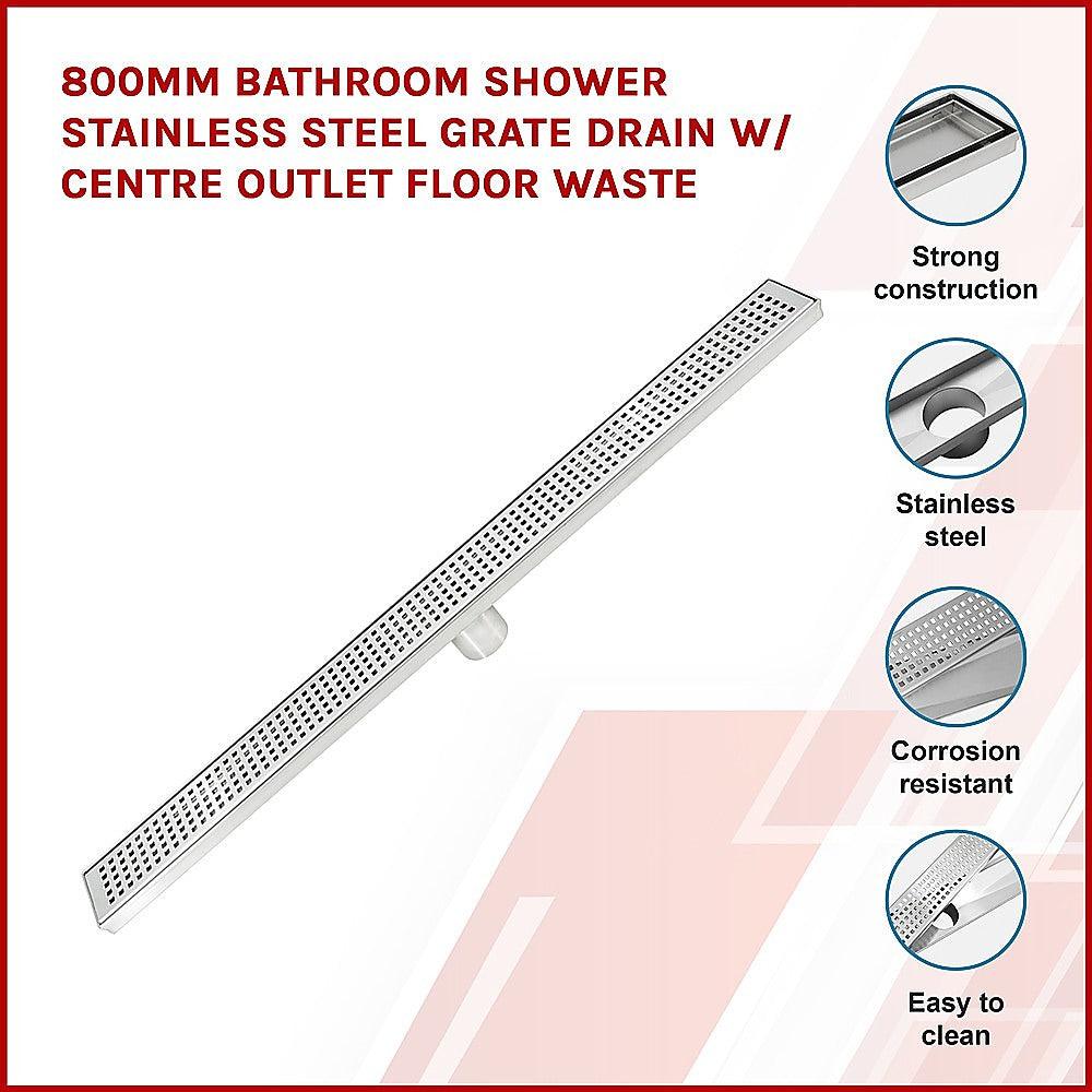 800mm Bathroom Shower Stainless Steel Grate Drain w/Centre outlet Floor Waste