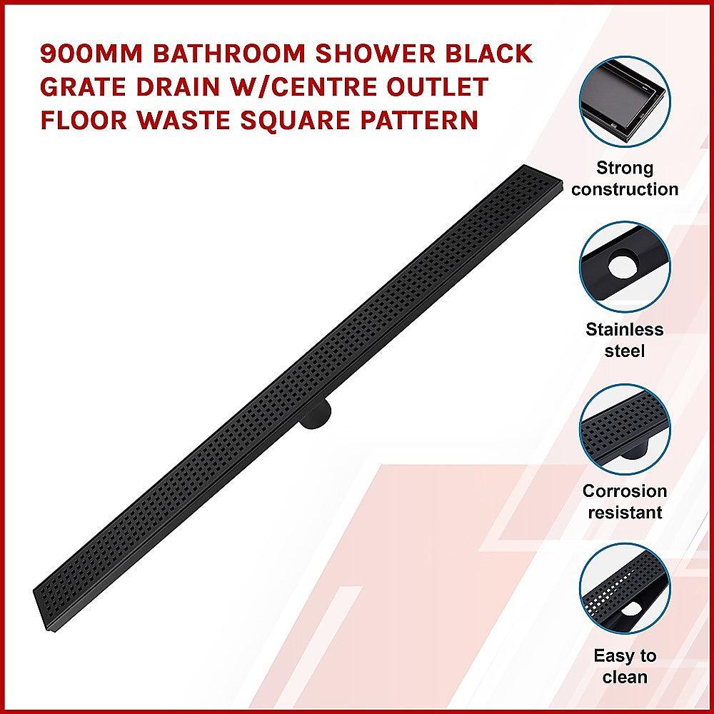 900mm Bathroom Shower Black Grate Drain w/Centre outlet Floor Waste Square Pattern