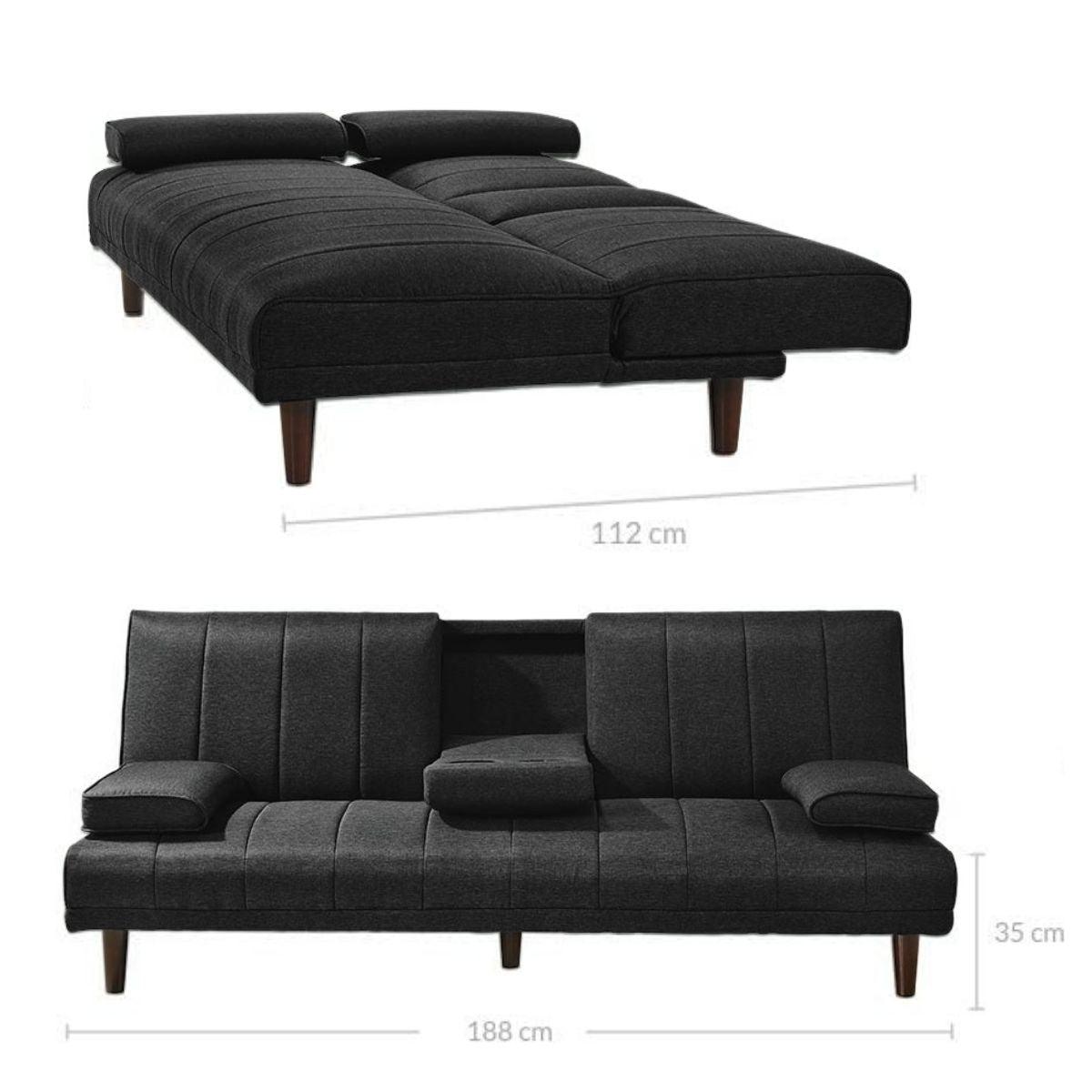 Fabric Sofa Bed with Cup Holder 3 Seater Lounge Couch - Charcoal