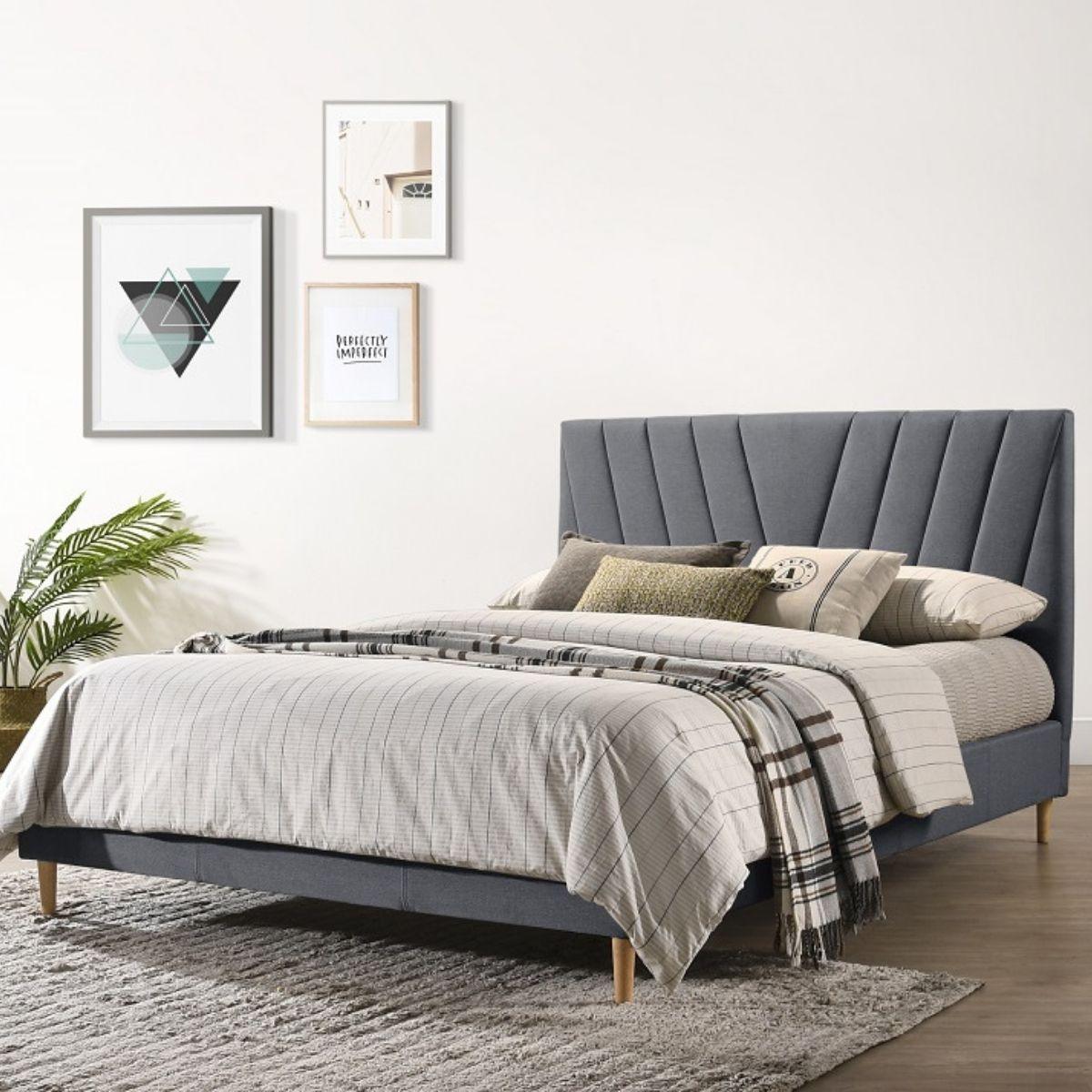 Modern Contemporary Upholstered Fabric Platform Bed Base Frame King Light Grey