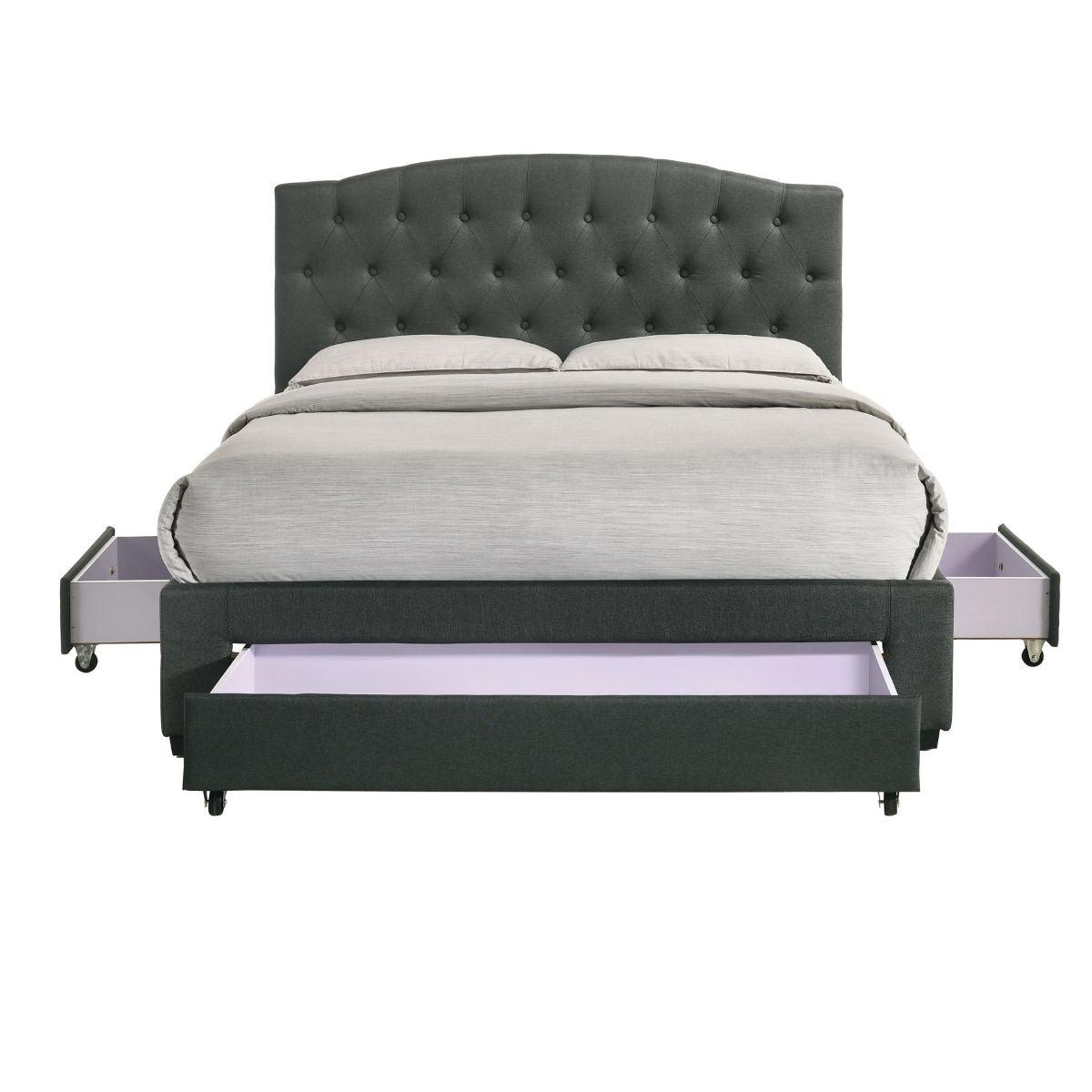 French Provincial Modern Fabric Platform Bed Base Frame with Storage Drawers King Charcoal