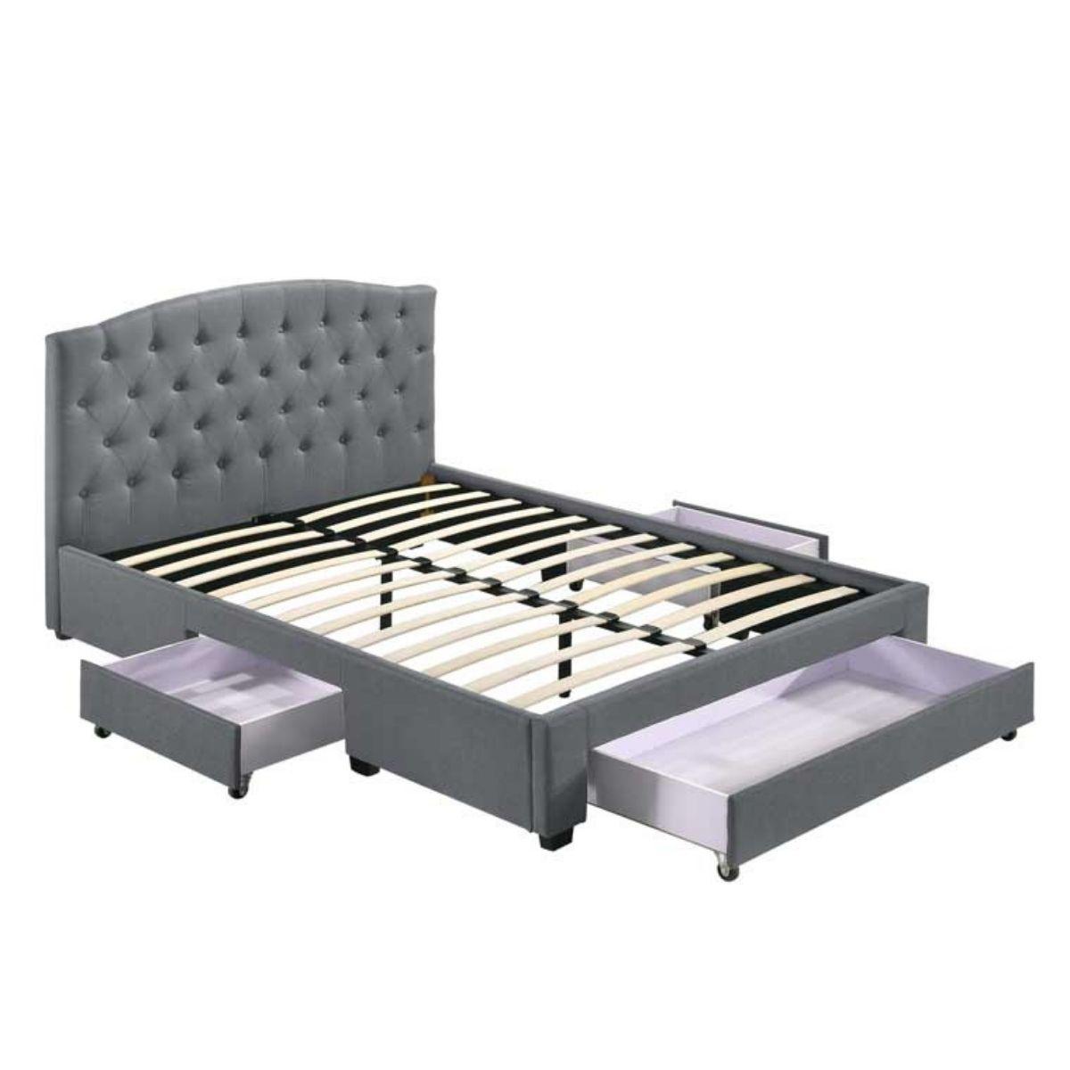 French Provincial Modern Fabric Platform Bed Base Frame with Storage Drawers King Light Grey